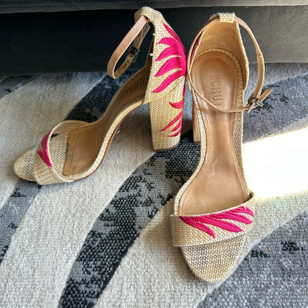 Schutz Caroline Raffia Heels with Embroidered Palm Falme